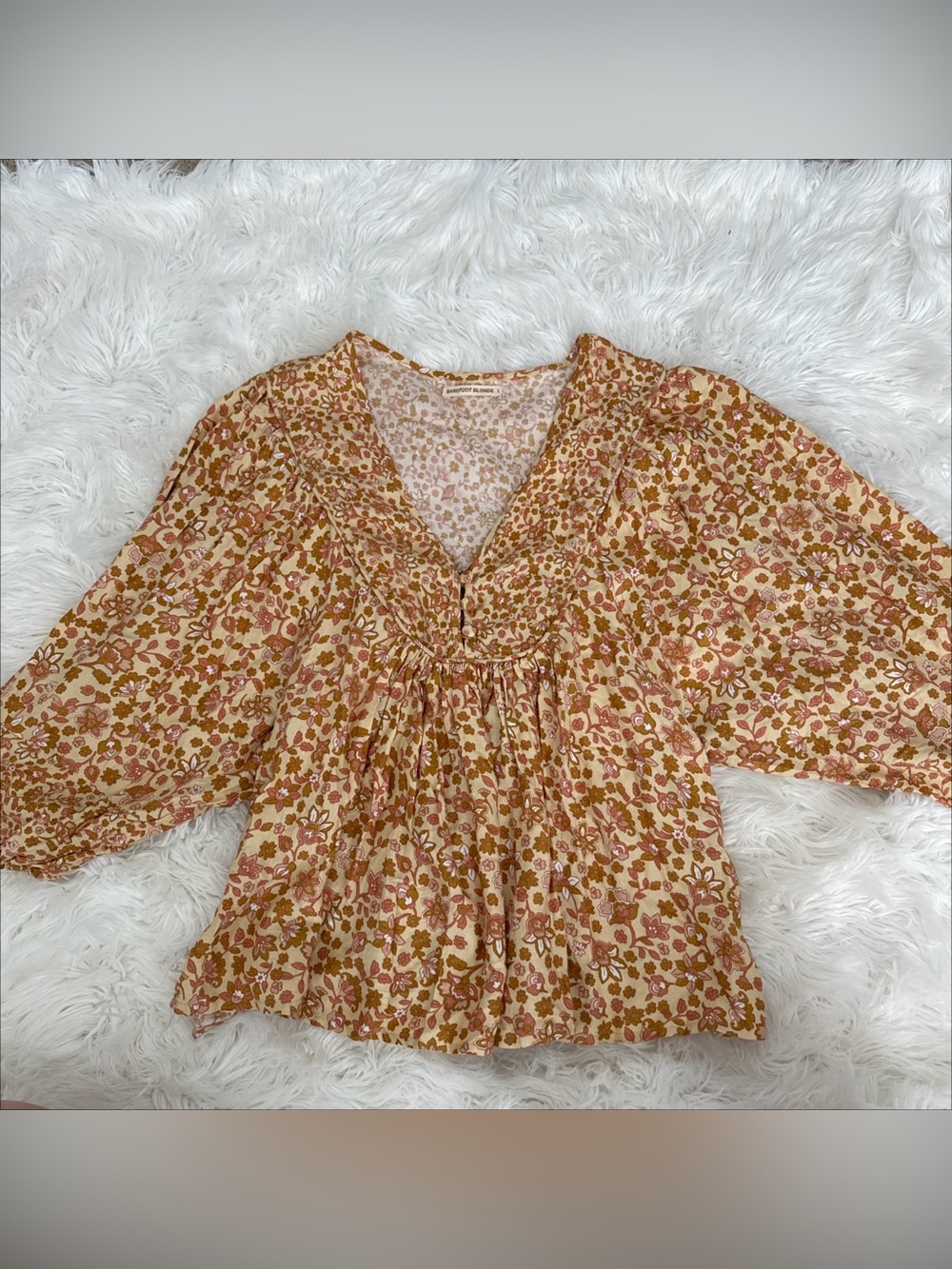 Barefoot Blonde Mustard Floral V-Neck Peasant Blouse